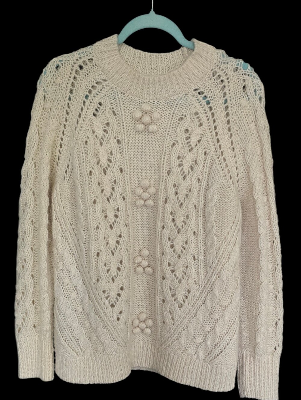 Cable Knit Crewneck Sweater with Floral Bobble Accents - Cream